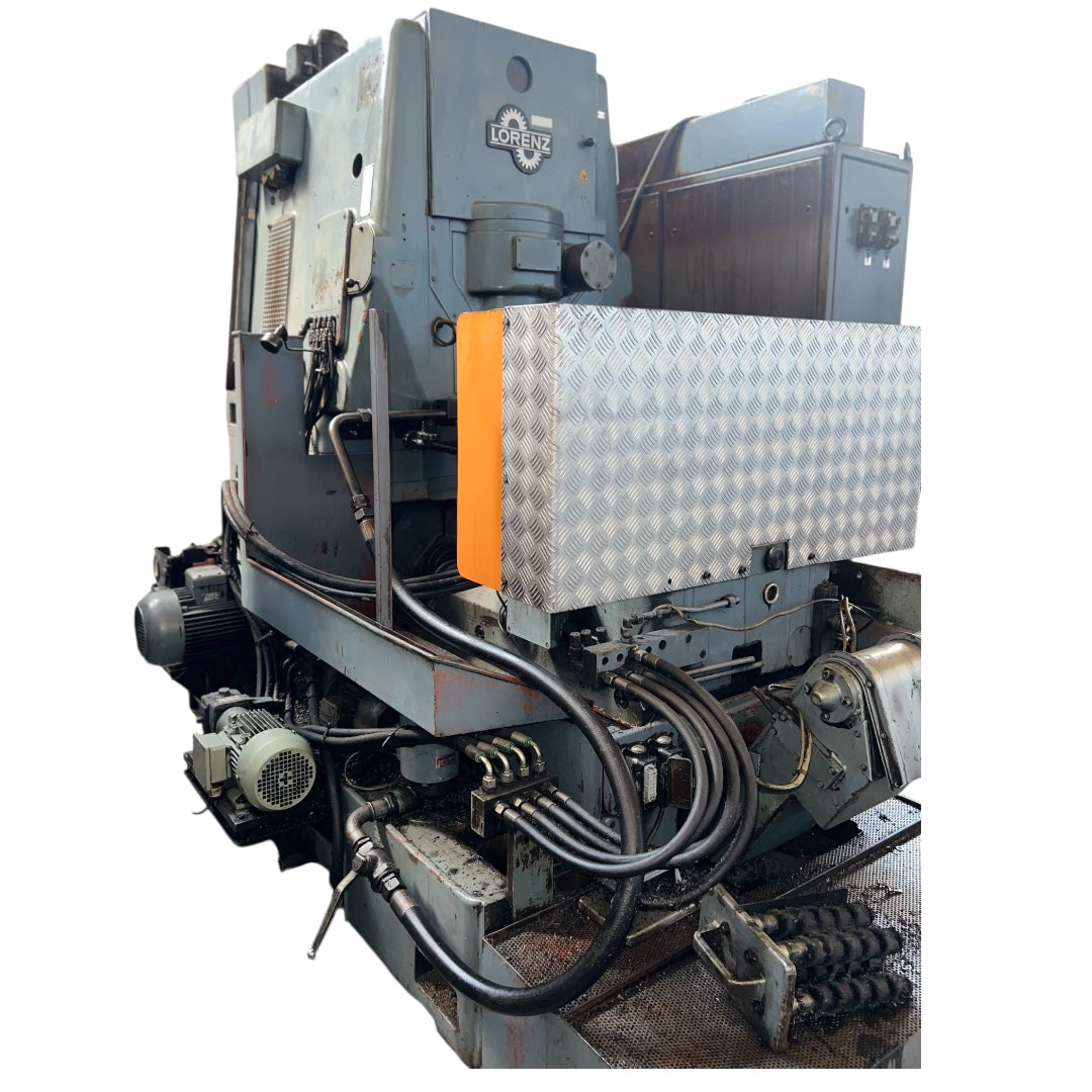 Dentatrice Lorenz LS-400 completa, macchina utensile industriale usata per lavorazione ingranaggi con tavola, testa e impianto idraulico visibile.